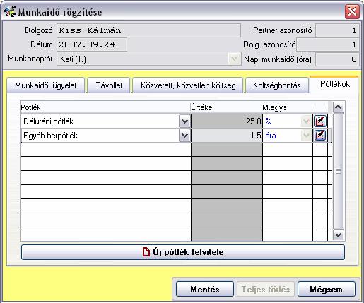 A {Pótlékok} fülön a dolgozónak adott pótlékokat tudjuk kiválasztani szintén legördülő menü segítségével.