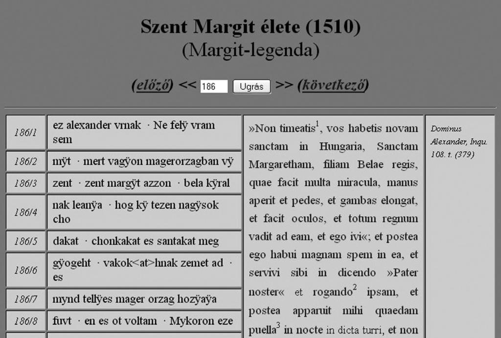 A forrásokkal való összevetést a webes megjelenítésben úgy is szemléltetjük, hogy a magyar legendából kihagyott, le nem fordított