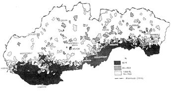 Maïarmi osídlené územia južného Slovenska v roku 1910 (Gyurgyík 1994, 165)