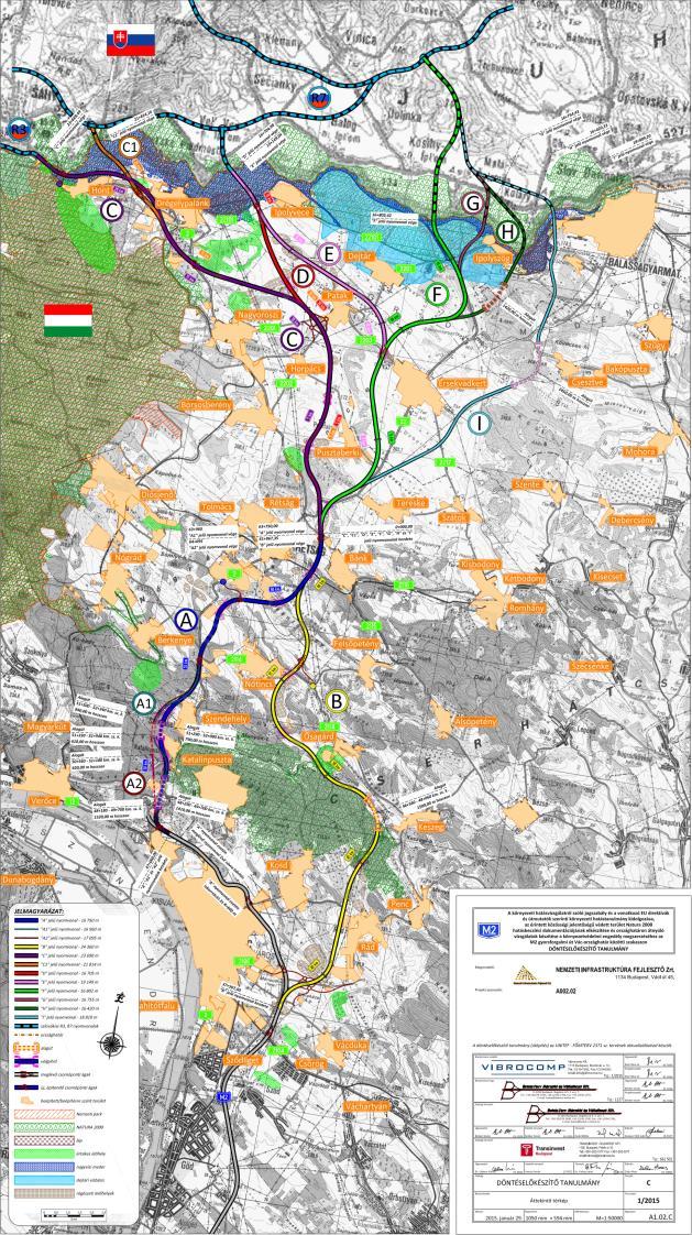 M2 gyorsforgalmi út Vácországhatár szakasz Áttekintő térkép Helyszínrajzi kialakítás A Rétság szakaszoló pontig két változat készült, az A és B