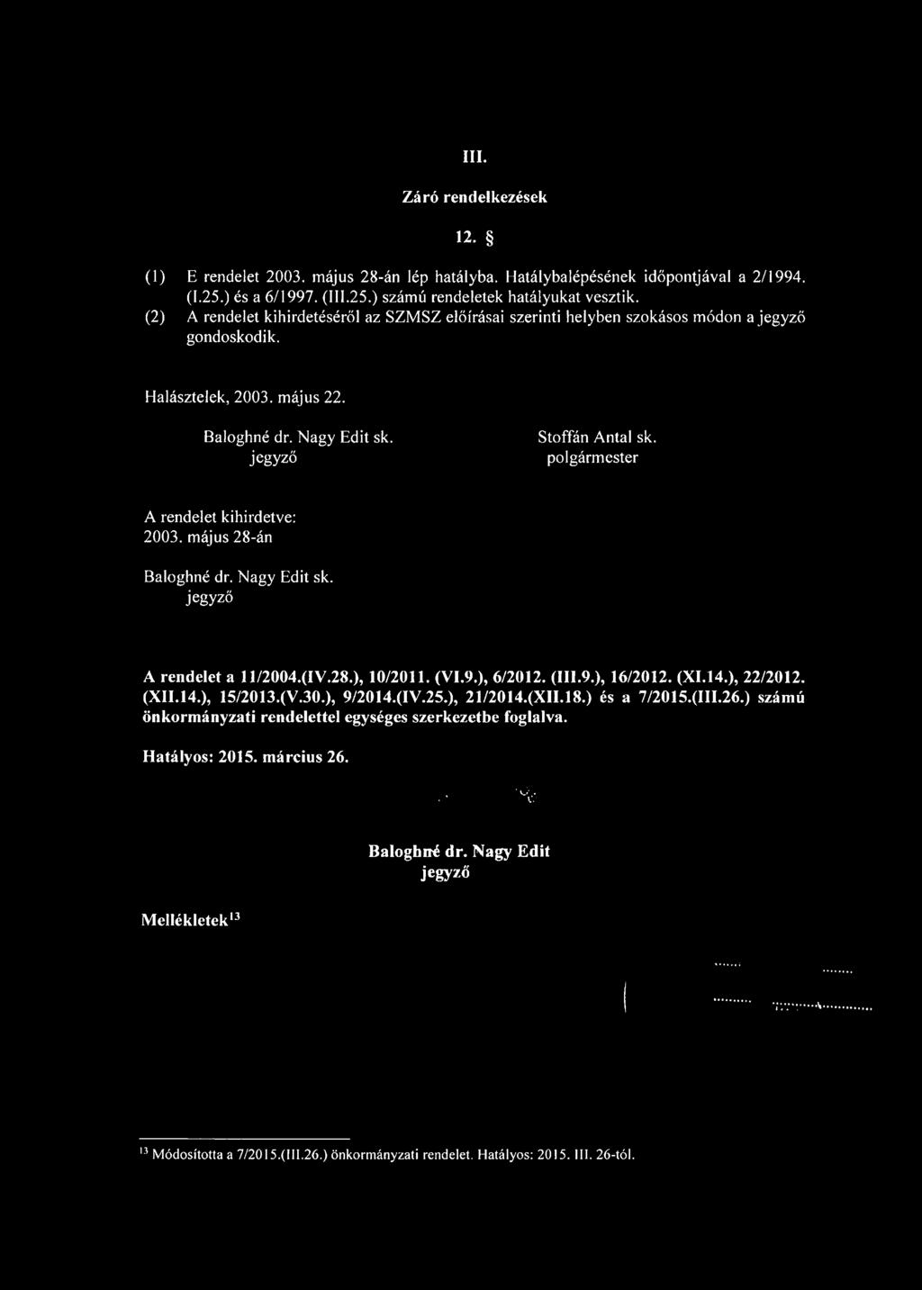 (2) A rendelet kihirdetéséről az SZMSZ előírásai szerinti helyben szokásos módon a jegyző gondoskodik. Halásztelek, 2003. május 22. Baloghné dr.