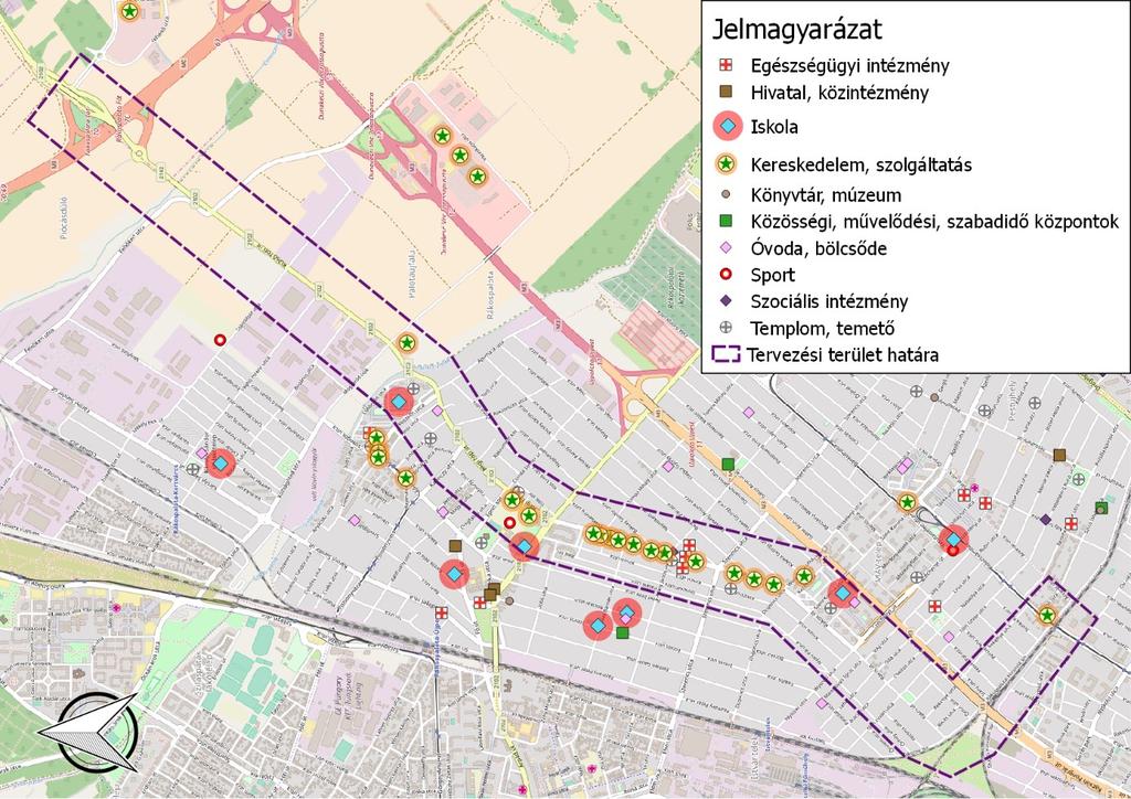 A Rákos út Wesselényi utca és Arany János utca közötti szakaszán nagy számban találhatók kereskedelmi és szolgáltatásokat nyújtó létesítmények, továbbá egy szakrendelő és két orvosi rendelő.