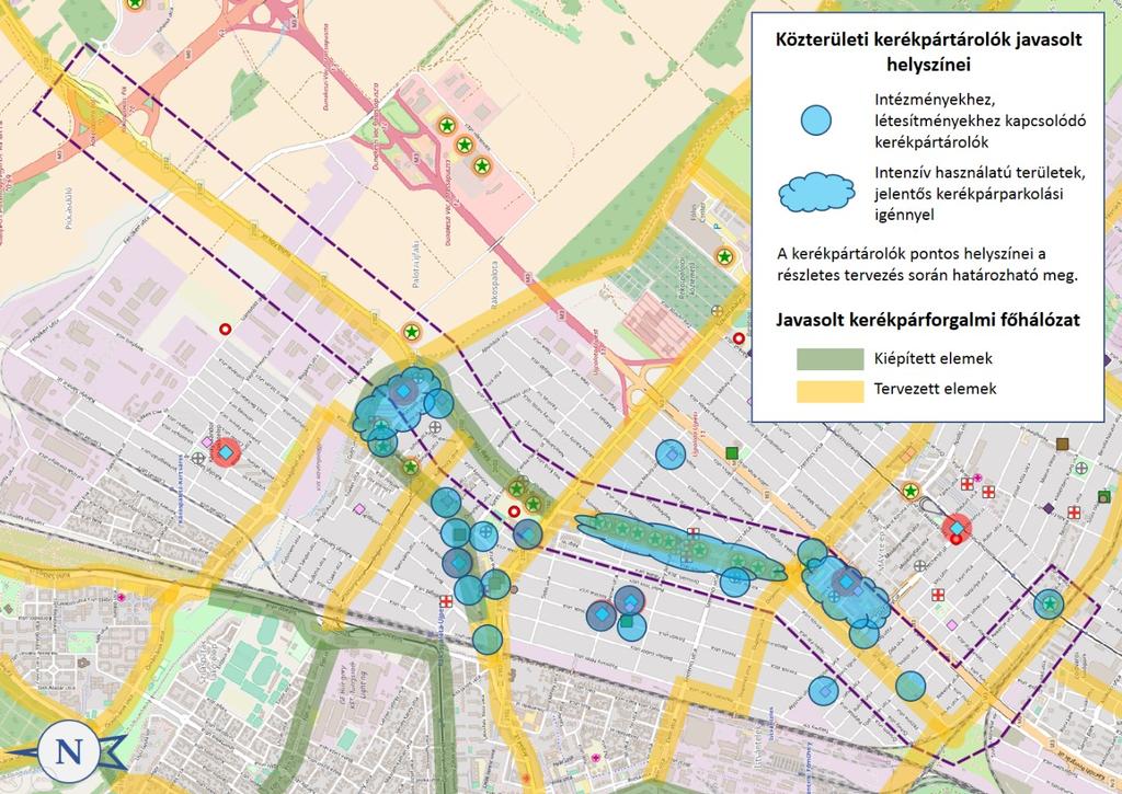 32. ábra: Közterületi kerékpártárolók javasolt helyszínei 5.1.2.2 B+R kerékpártárolók tervezése A P+R parkolók építéséhez illetve bővítéséhez kapcsolódva különösen fontos a kerékpártárolás