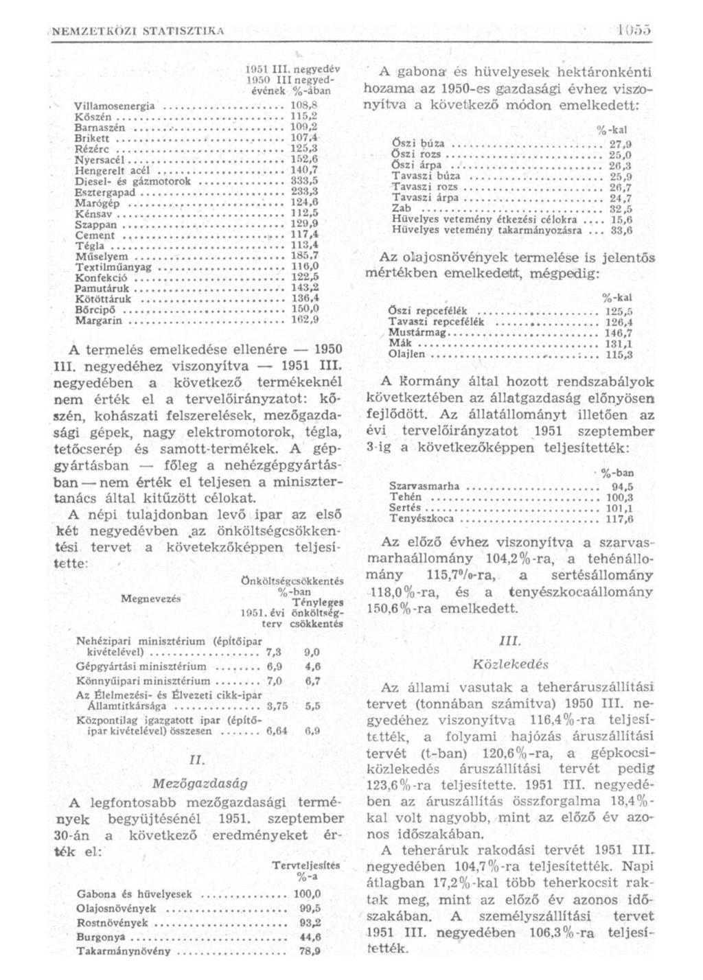 1951 III. negyedév 1950 III negyedévének %-ában Villamosenergia 108,8 Kőszén 115,2 Barnaszén 109,2 Brikett 107.