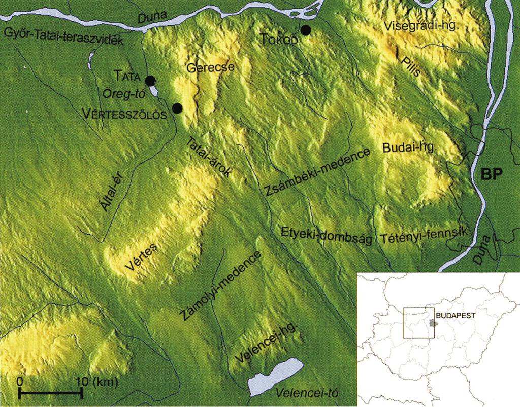 1. ábra. A vizsgált terület domborzati térképe gekkel, a források geomorfológiai helyzetével. Mindezek a travertínók sztratigráfiai sorrendbe állításának fontos szempontjai és megbízható alapjai.