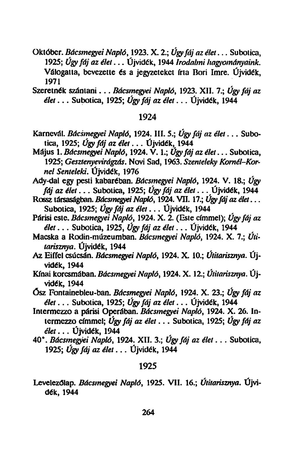 Október. Bácsmegyei Napló, 1923. X. 2.; Úgy fáj az élet... Subotica, 1925; Úgy fáj az élet... Újvidék, Irodalmi hagyományaink. Válogatta, bevezette és a jegyzeteket írta Bori Imre.