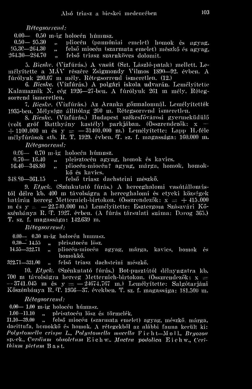 Lemélyítette a MÁV részére Zsigmondy Vilmos 1890 92. évben. A fúrólyuk 290.07 m mély. Rétegsorrend ismeretlen. (12.) 6. Bicske. (Vízfúrás.) A polgári iskola udvarán. Lemélyítetle Kalamaznik N.