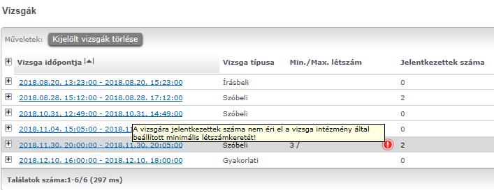 A vizsgák szűrhetők továbbá a tárgyért felelős szervezeti egység, illetve a vizsgáztató személye alapján is.