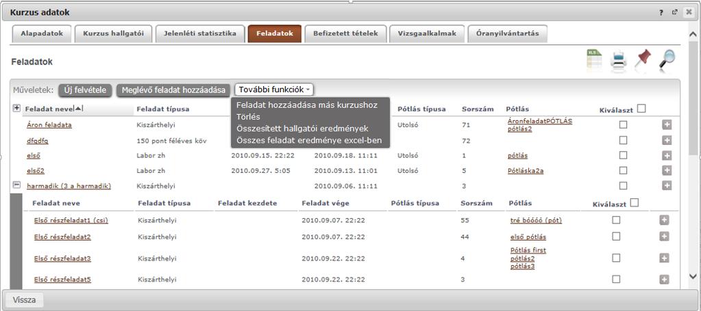 4.2.5. Kurzus feladatkezelés Feladat, részfeladat, pótlás A feladatkezelésnek 3 szintje van: Feladat, Részfeladat, Pótlás.