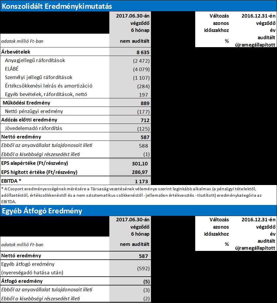 Konszolidált eredménykimutatás (IFRS) Az árbevétel 27%-os bővülése ellenére 2017 első fél évének EBITDA-ja - elsősorban a január februári extrém időjárás miatt - 2016 kiemelten sikeres első fél