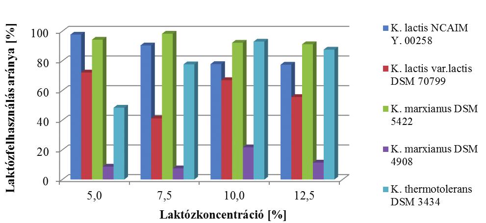 A 4. ábrán látható, hogy a 12,5%-os kiindulási laktóz koncentrációjú táplevesben szaporított tenyészeteknél több esetben hasonló tendenciát tapasztaltunk, mint a 10%-os (3. ábra) tenyészetek esetében.