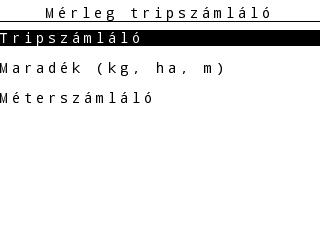 4 Kezelés QUANTRON-A 4.3 Mérleg tripszámláló Ebben a menüben az elvégzett kiszórási munka értékei találhatók. nyomja meg a kg gombot a kezelőegységen. Megjelenik a Mérleg tripszámláló menü. 4.2 ábra: Mérleg tripszámláló menü Almenü Jelentés Leírás Tripszámláló A teljesített szórási mennyiség, szórt terület és szórt úthossz kijelzése.