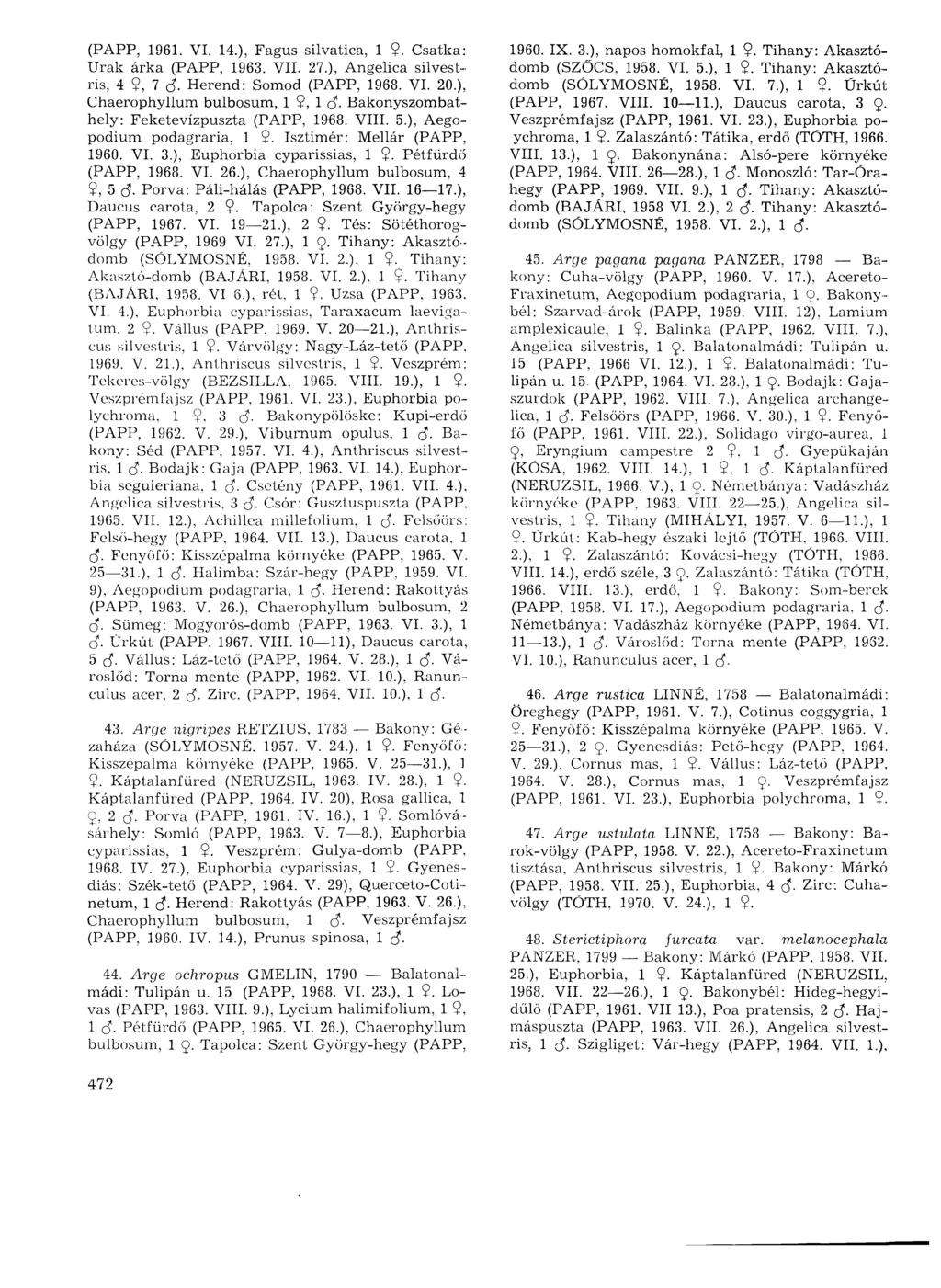 (PAPP, 1961. VI. 14.), Fagus silvatica, 1 9. Csatka: Urak árka (PAPP, 1963. VII. 27.), Angelica silvestris, 4 9, 7 è- Herend: Somod (PAPP, 1968. VI. 20.