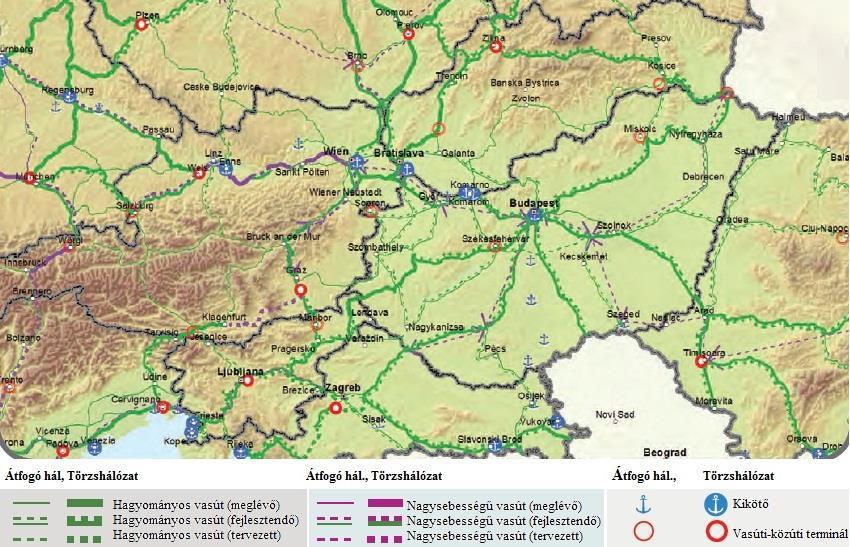 Transzeurópai közlekedési hálózat (TEN-T) - vasút EU fejlesztési sorrendje: 1. TEN-T törzshálózati korridor (Orient ~ Rajna-Duna, Mediterrán TEN-T CNC) 2. TEN-T törzshálózat 3.