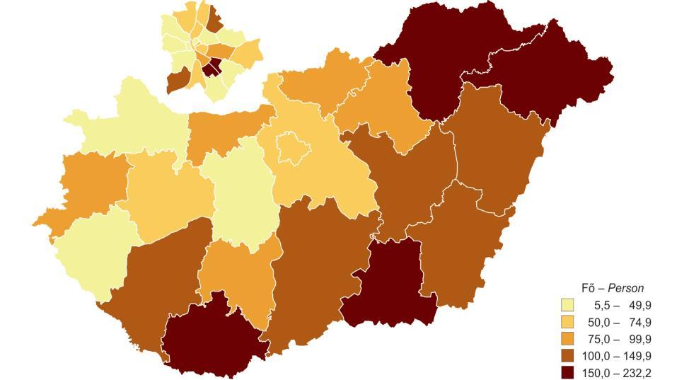 2. ábra. A gyámhatóságoknál nyilvántartott veszélyeztetett kiskorúak ezer azonos korú lakosra jutó száma, 2012 Forrás: KSH, SZOCIÁLIS STATISZTIKAI ÉVKÖNYV, 2012 (XII.