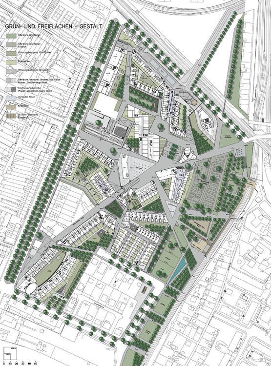 WIEN, Kabelwerk lakónegyede Az északi oldalon a vasútvonal felé hátat fordít a beépítés: parkolóház biztosítja a