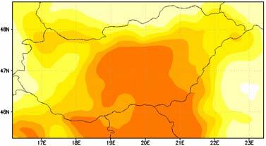 Hőségriasztások átlagos éves száma 1 7 eset/év Várható változás mértéke 1961 1990 (T közép > 25 C) A1B: 2021 2050 8 28 eset/év 8 21 eset/év