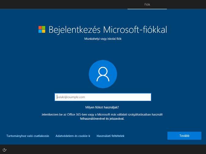 A licencszerződés elfogadását követően megjelenik egy párbeszédablak ( Bejelentkezés Microsoftfiókkal elnevezéssel), ahol a által megküldött felhasználónévvel (pl. minta.tanar@edumail.