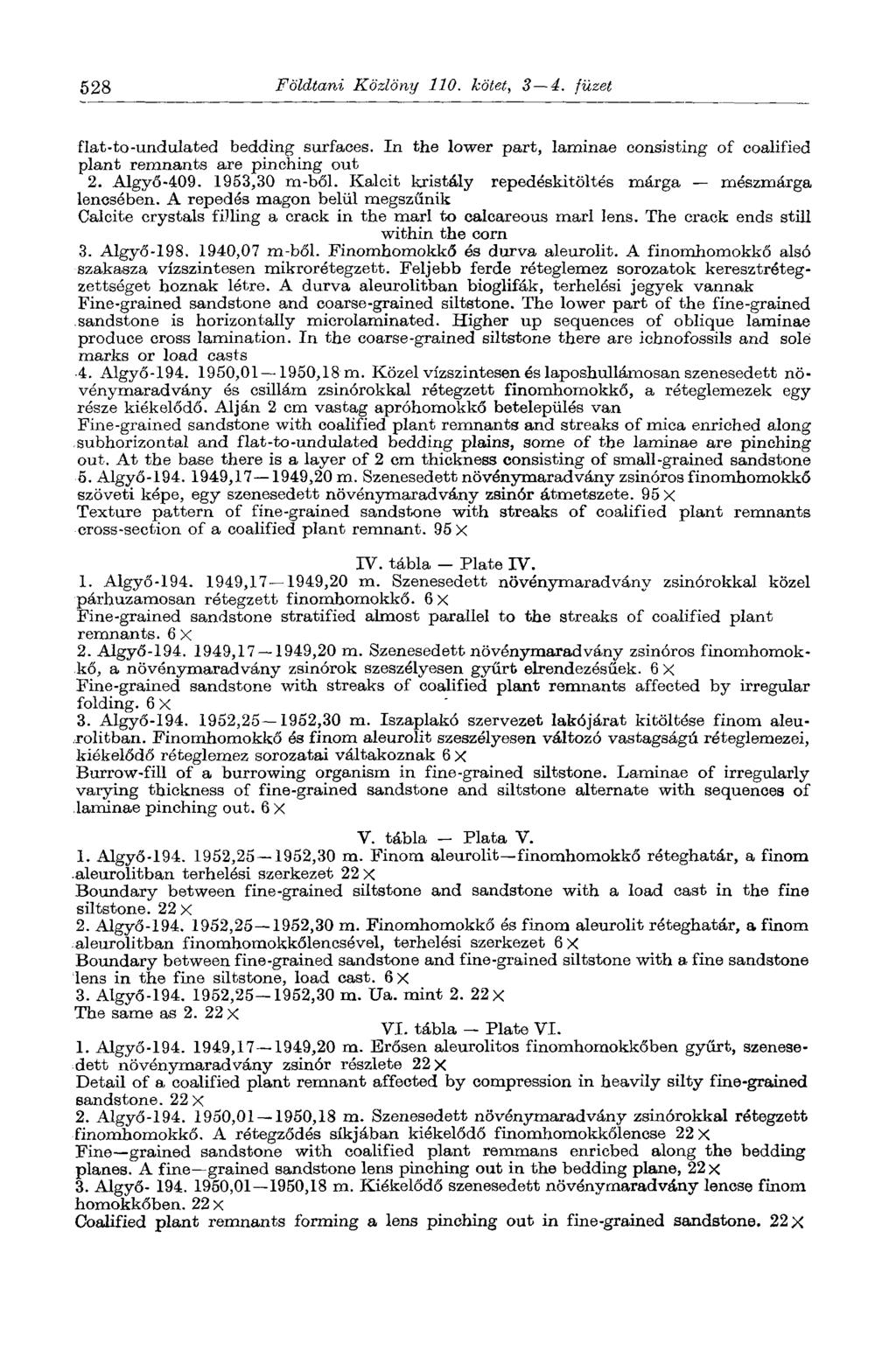 528 Földtani Közlöny 110. kötet, 3 4. füzet flat-to-undulated bedding surfaces. In the lower part, laminae consisting of coalified plant remnants are pinching out 2. Algyő-409. 1953,30 m-ből.