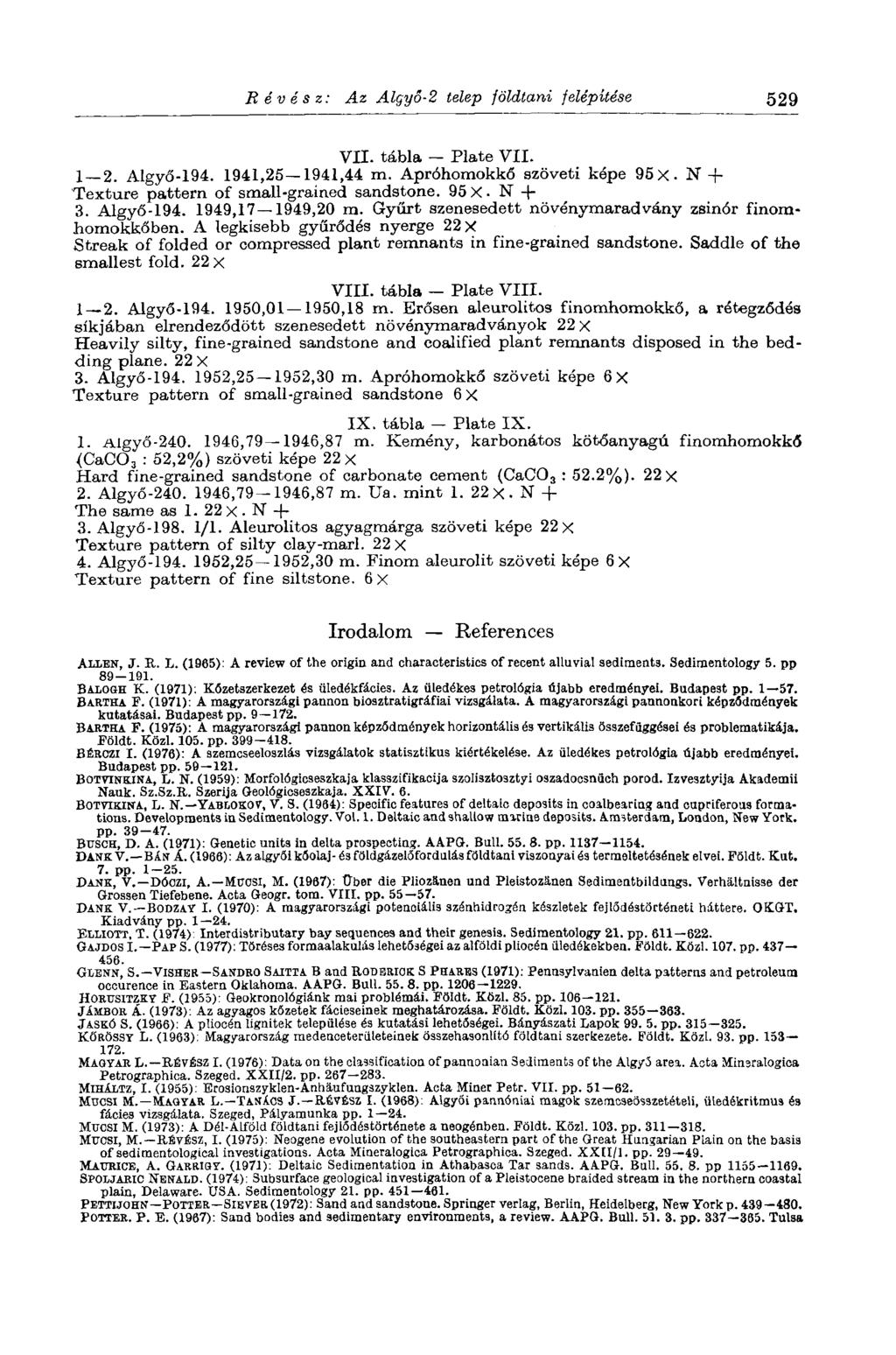 Révész: Az Algyő-2 telep földtani felépítése 529 VII. tábla Plate VII. 1 2. Algyő-194. 1941,25 1941,44 m. Apróhomokkő szöveti képe 95x. N+ Texture pattern of small-grained sandstone. 95 X. N + 3.