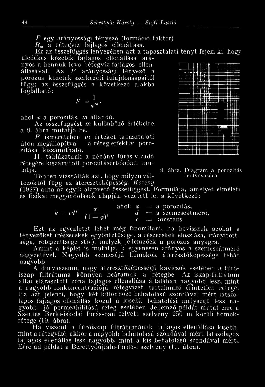 Az F arányossági tényező a porózus kőzetek szerkezeti tulajdonságaitól függ; az összefüggés a következő alakba foglalható : / ~.r 1, tp _ ahol cp a porozitás, m állandó.