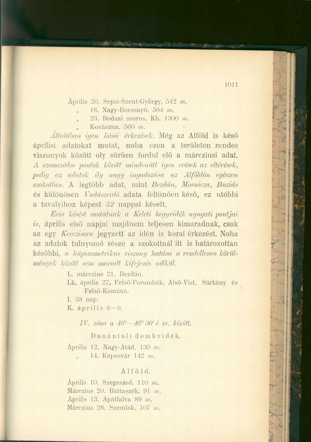 1011 Április '20. Sepsi-Szent-György, 542 m. 18. Nagy-Borosnyó. 564 m. 23. Bodzái szoros. Kb. 1300 m. Kovászna. 560 m. Általában igen késői érkezések.