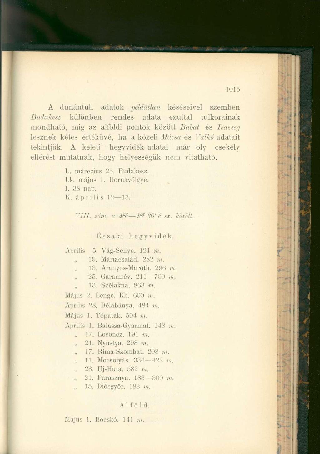 1015 A dunántúli adatok példátlan késéseivei szemben Budakesz különben rendes adata ezúttal tulkorainak mondható, mig az alföldi pontok között Babát és Isaszeg lesznek kétes értékűvé, ha a közeli