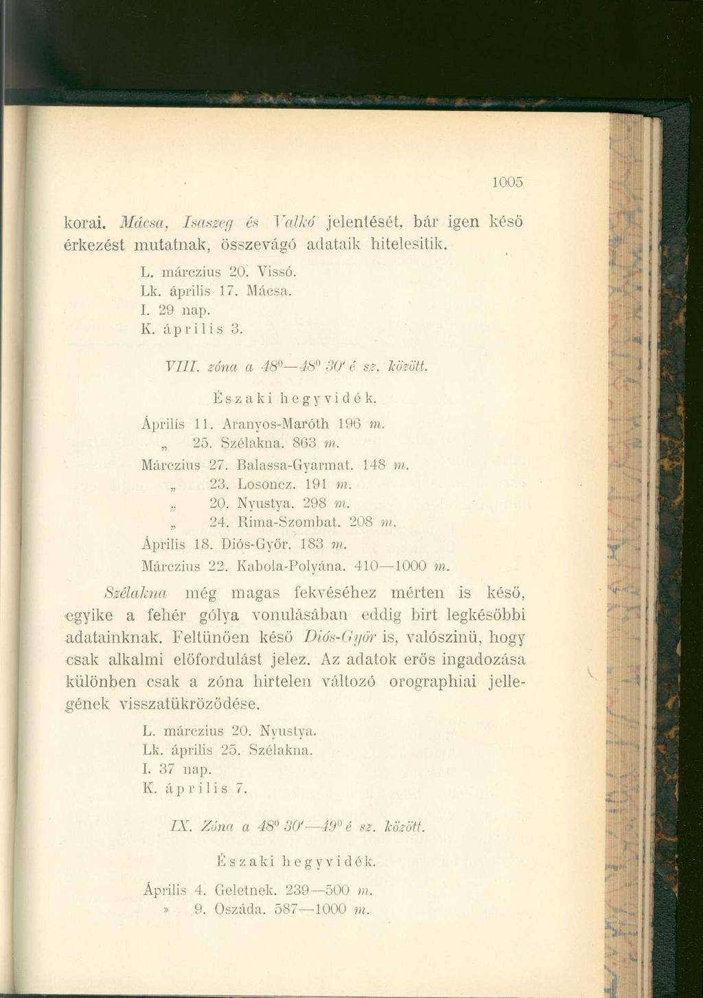 1005 korai. Mácsa, Isaszeg és Yalkó jelenlését, bár igen késő érkezést mutatnak, összevágó adataik hitelesitik. L. márczius 20. Vissó. Lk. április 17. Mácsa. I. 29 nap. K. április 3. VIII.