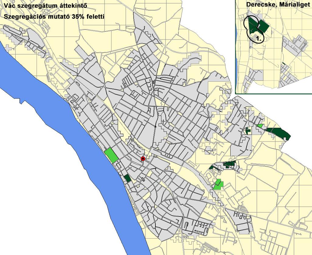 52. ábra - Vác szegregátum területe Forrás: KSH adatszolgáltatás A korábbi IVS (2008) nem tartalmazza az Anti-szegregációs Tervet (ASZT), illetve a Helyi Esélyegyenlőségi Program ugyan hivatkozik az