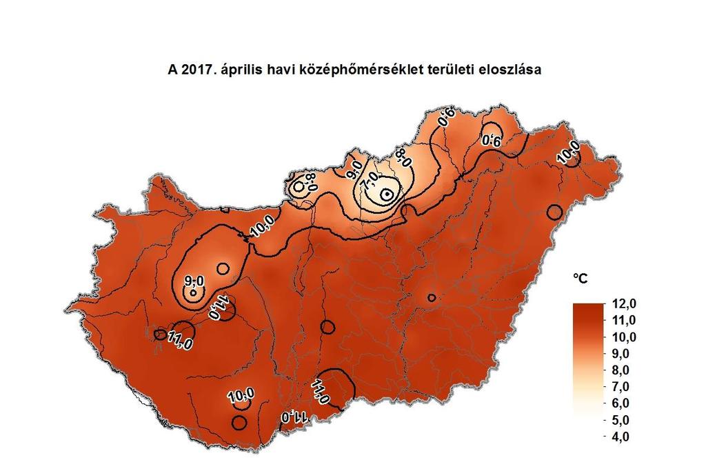 Léghőmérséklet Az április havi középhőmérséklet 4,9 C (Kékestető) és 11,5 C (Siófok) között alakult, az országos területi átlagérték 10,2 C volt, ami a sokévi (1971-2000) áprilisi átlaggal