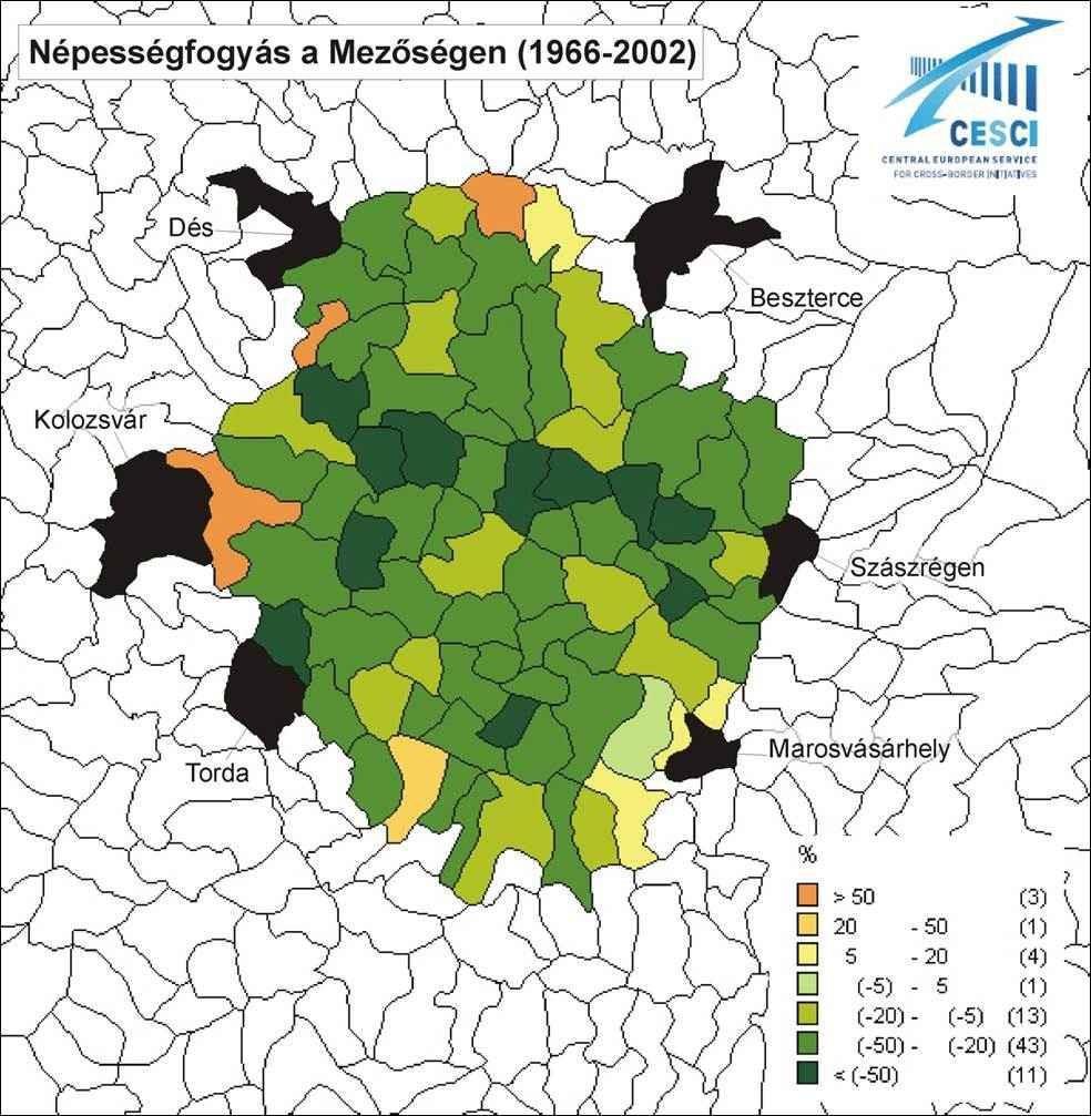 3. térkép: Népességfogyás a Mezőségen Forrás: CESCI (Central European Service for Cross-Border) A fenti térkép szerint