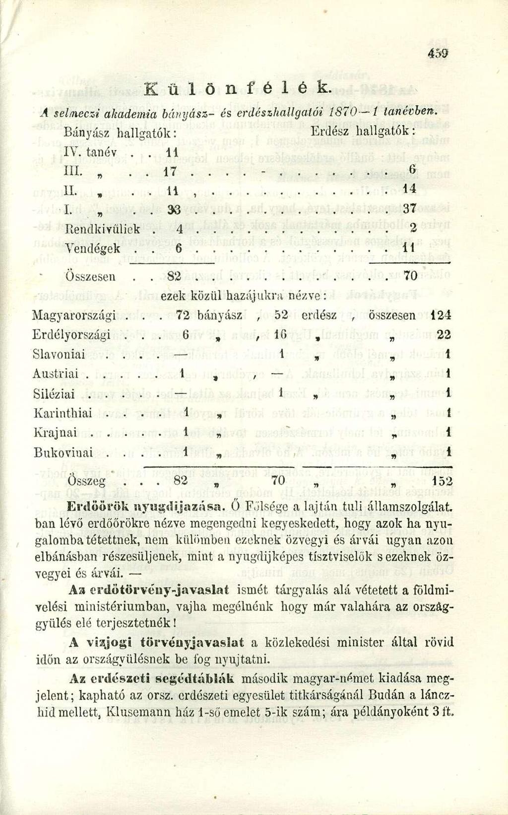 Különfélék. A selmeczi akadémia bányász- és erdészhallgatói 1870 1 tanévben. Bányász hallgatók: IV. tanév.. 11 III... 17.... - Erdész hallgatók: II.,.. H, I... 36 37 Rendkívüliek. 4 2 Vendégek.