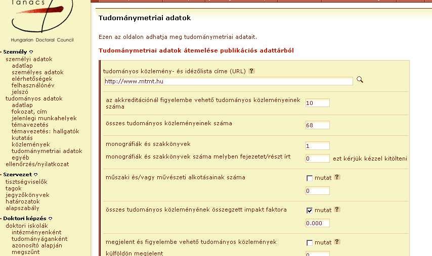 Tudománymetriai adatok importálása 2 1 1. Kattintás a tudománymetriai adatokra, 2.