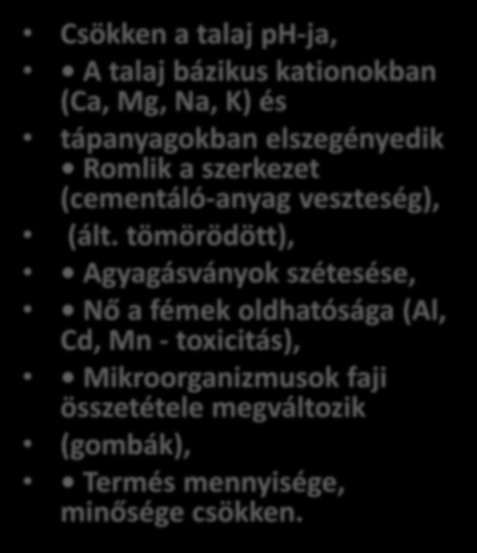 tömörödött), Agyagásványok szétesése, Nő a fémek oldhatósága (Al, Cd, Mn - toxicitás),
