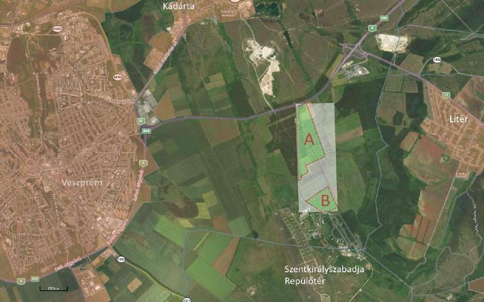 13. ábra A tervezési terület elhelyezkedése és a vizsgált környezet (forrástérkép: Google Earth) A tervezési terület Gip-14 gazdasági- és iparterület építési övezetbe tartozik.