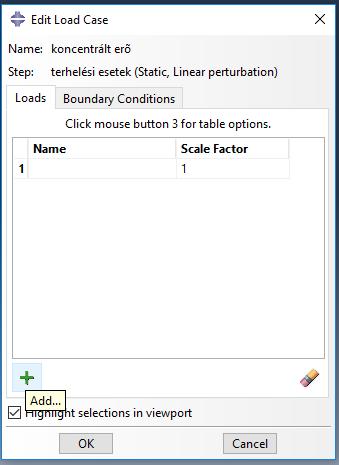 Ezután OK gombra kattintsunk. Az Edit Load Case ablakban lépjünk át a Boundary Conditions fülöre kattintsunk a zöld + ikonra (Add).