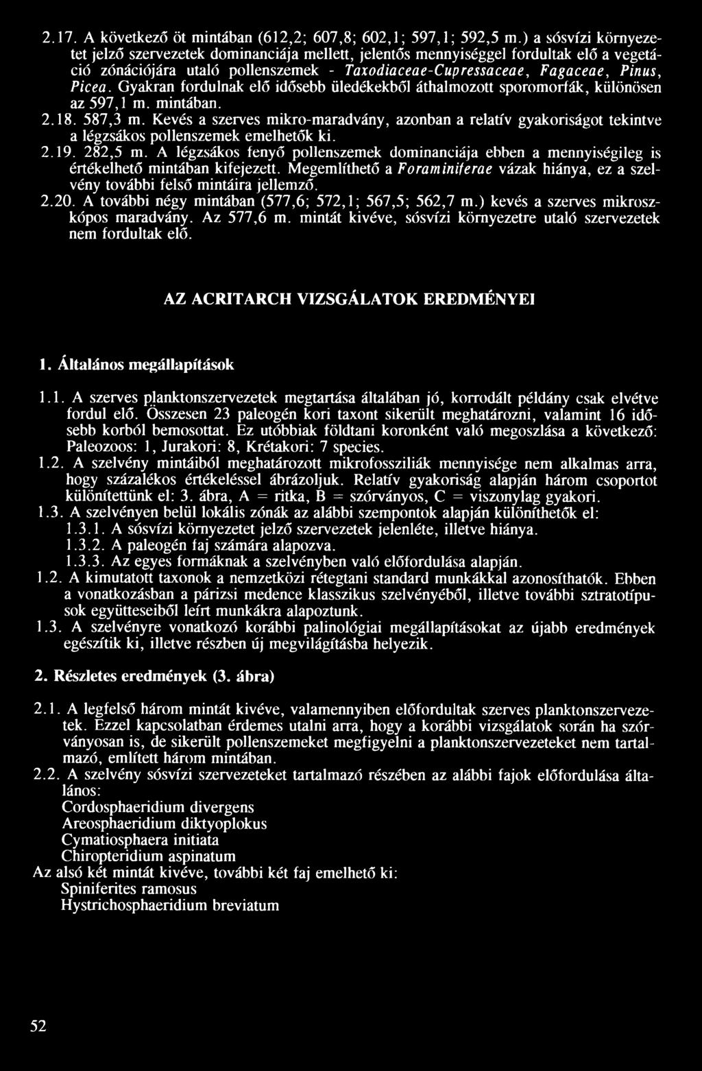 Gyakran fordulnak elő idősebb üledékekből áthalmozott sporomorfák, különösen az 597,1 m. mintában. 2.18. 587,3 m.