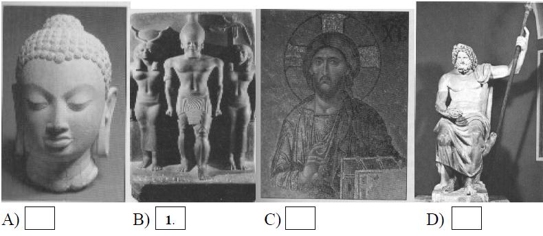 13. A feladat az ókor vallásaira vonatkozik. (K/4) Válaszoljon a kérdésekre! (Elemenként 0,5 pont.) a) Válassza ki a felsorolásból a képekhez tartozó neveket, és írja számjelüket a képek alá!