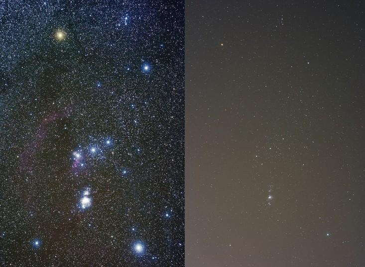 Fényszennyezés az Orion csillagkép nem fényszennyezett (bal oldali