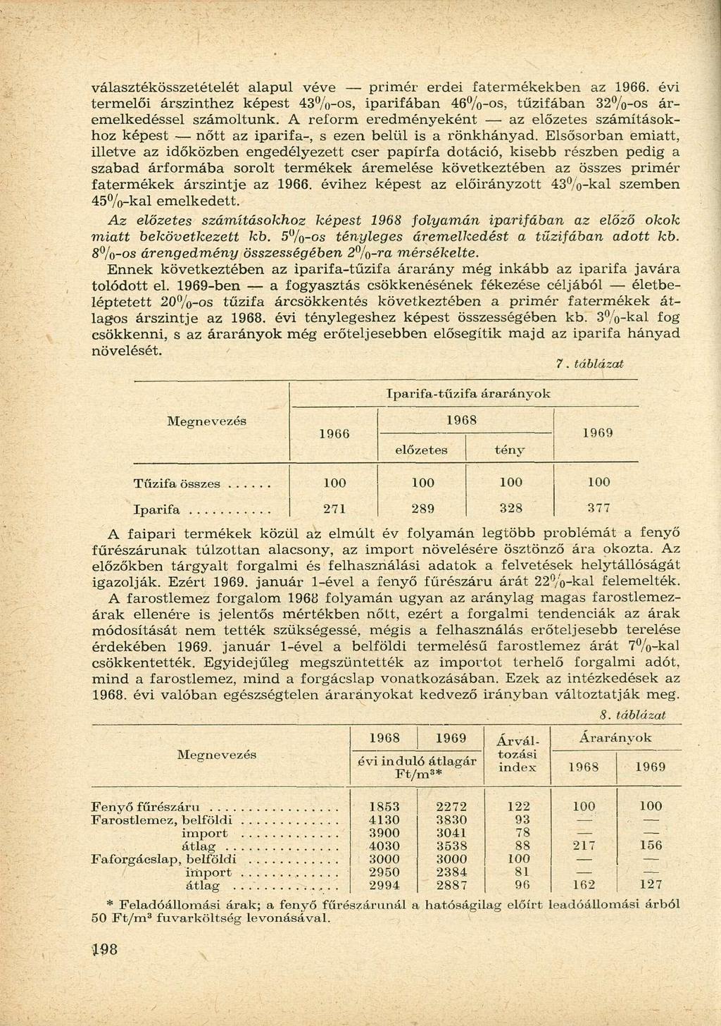 választékösszetételét alapul véve primer erdei fatermékekben az 1966. évi termelői árszinthez képest 43%-os, iparifában 46%-os, tűzifában 32%-os áremelkedéssel számoltunk.