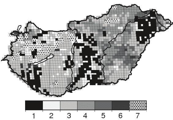72 B R E U E R Á C S A B C 1. ábra A vízmérleg modellben használt fizikai talajféleség (A), földhasználati típus (B) és termőréteg-vastagság (cm) (C) területi eloszlása 8 8 km-es felbontásban. A. Fizikai talajféleség: 1.