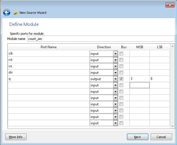 Next majd Finish klikk után az editor ablakban megjelenik a modul kerete a portlistával és a jeldeklarációkkal: module count_sec( input clk, input rst, input ce, input dir, output [3:0] q );