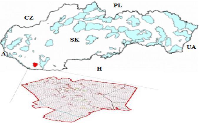 6. ábra. Ostrovné lúky fizikai térképe pirossal kiemelve (URL10) A terület teljes nagysága 8334,68 hektár (URL14). A földhasználat szerinti besorolást a 2. táblázatban mutatjuk be.