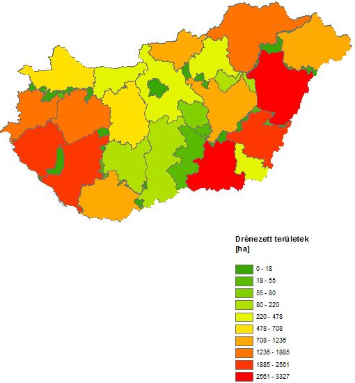 1.4.6 Drénezett területek nagysága A drénezett területek nagyságának meghatározására a rendelkezésre álló OFV adatbázisra (ÁKIR) támaszkodtunk, ahol a 2014-es évre, vízügyi igazgatóságonként szerepel