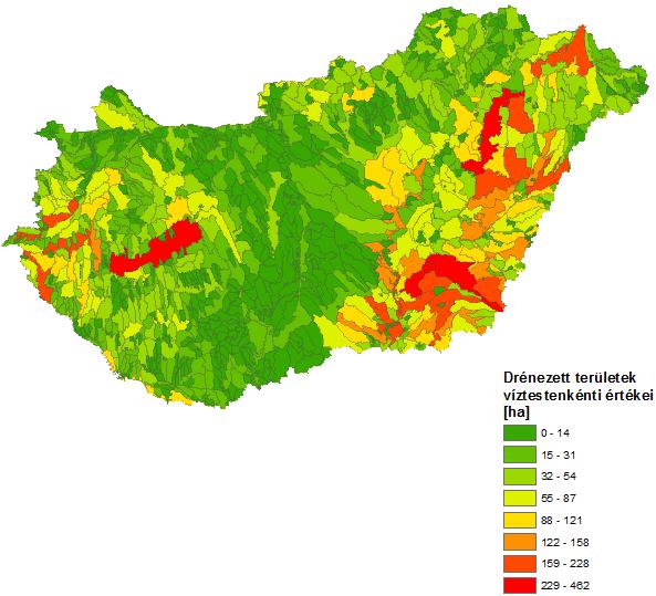 1.4-36. ábra. Víztestenként a drénezett területnagyságok értéke 1.4.7 Talaj tápanyagtartalmának becslése A diffúz tápanyagterhelés jelentős része köthető a mezőgazdasági művelés alatt lévő területek trágyázásához/műtrágyázásához.