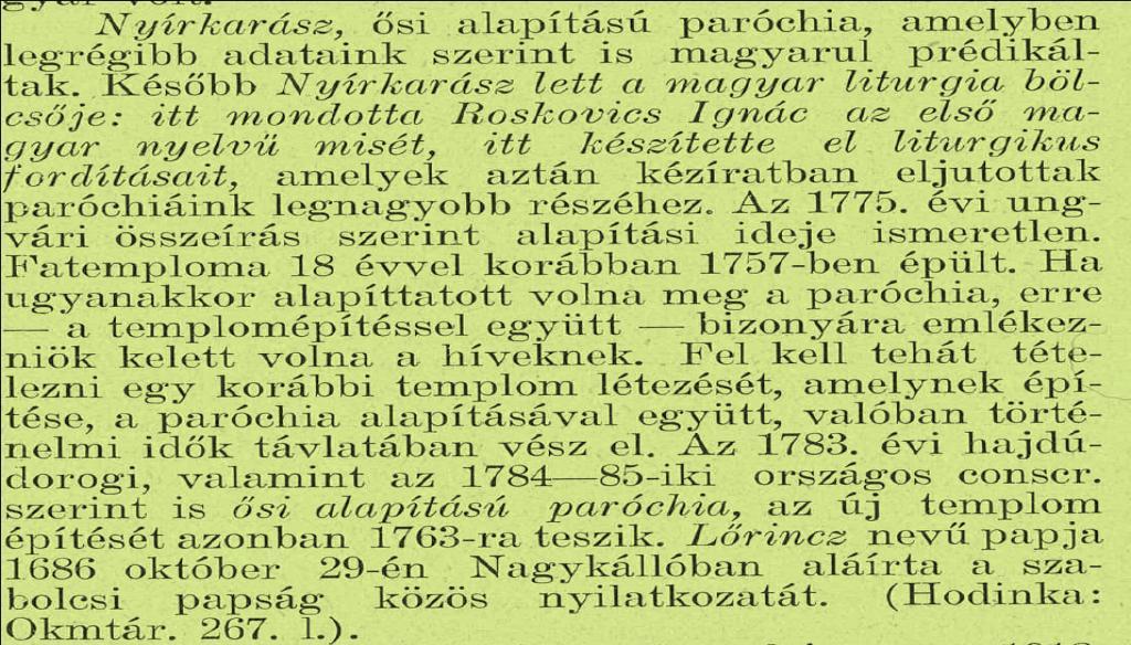 NYÍRKARÁSZ AMAGYAR NYELVŰ LITURGIA BÖLCSŐJE IDÉZET PAPP GYÖRGY