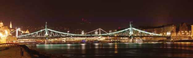 Az Erzsébet híd díszvilágítása, és fotónegaítv képe A fehér acél pilonok megvilágítása alulról történik, járdába süllyesztett billenthető fényvetőkkel, asszimetrikus lámpatestekkel.