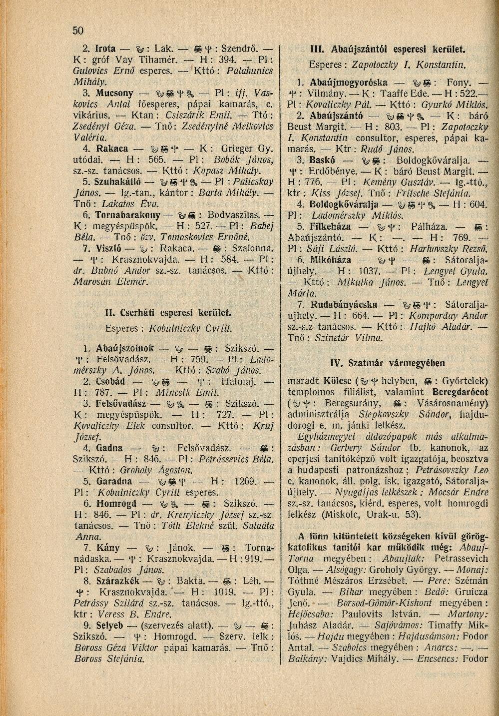 50 2. Iroía y : Lak. SS ^ : Szendrő. K : gróf Vay Tihamér. H : 394. Pl: Gulovics Ernő esperes. Kttó : Palahunics Mihály. 3. Mucsony y f Pl: ifj. Vaskovics Antal főesperes, pápai kamarás, c. vikárius.