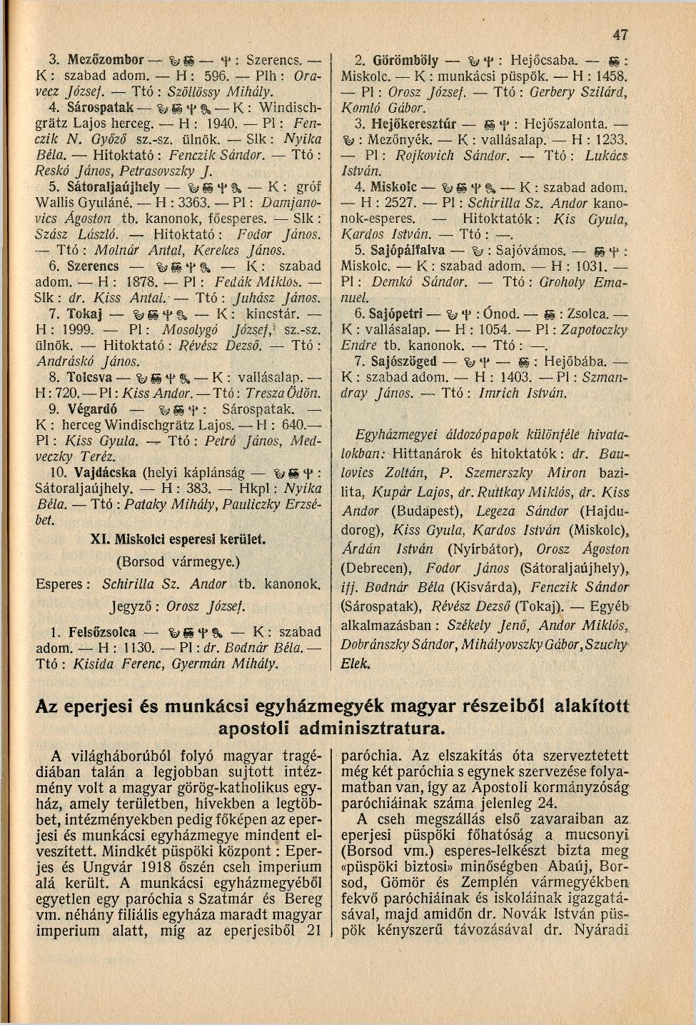 3. Mezőzombor SS M 4 : Szerencs. K : szabad adom. H : 596. Plh : Oravecz József. Ttó : Szöllössy Mihály. 4. Sárospatak y g ^ K : Windischgrátz Lajos herceg. H : 1940. Pl: Fenczik N. Győző sz.-sz.