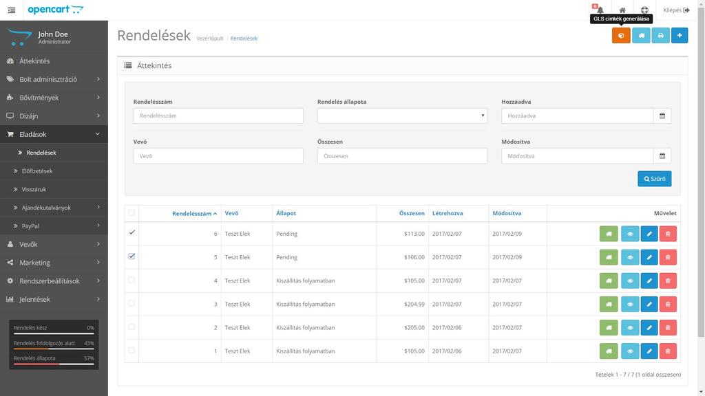 Tömeges címke nyomtatás Amennyiben szeretne egyszerre több címkét is átküldeni a GLS rendszerébe nincs más teendője, mint az Eladások > Rendelések menüpontra lépni majd a rendelések listájánál a bal